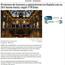 El nmero de fusiones y adquisiciones en Espaa cae un 26% hasta marzo, segn TTR Data